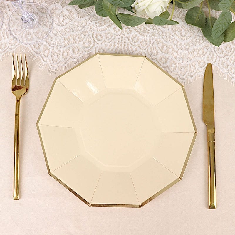 25 Decagon 9 in Disposable Paper Dinner Plates with Gold Trim