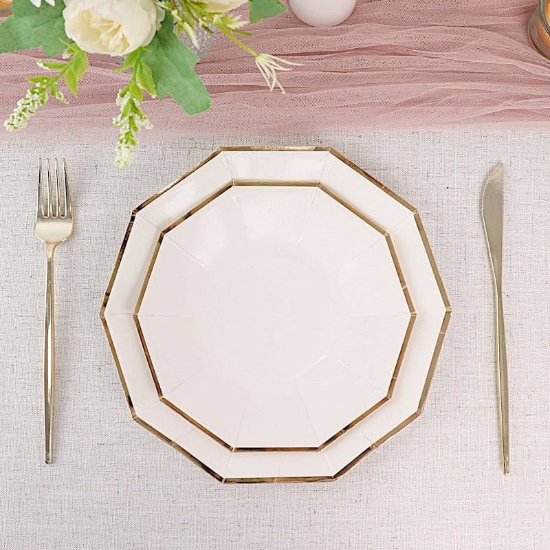 25 Decagon 9 in Disposable Paper Dinner Plates with Gold Trim