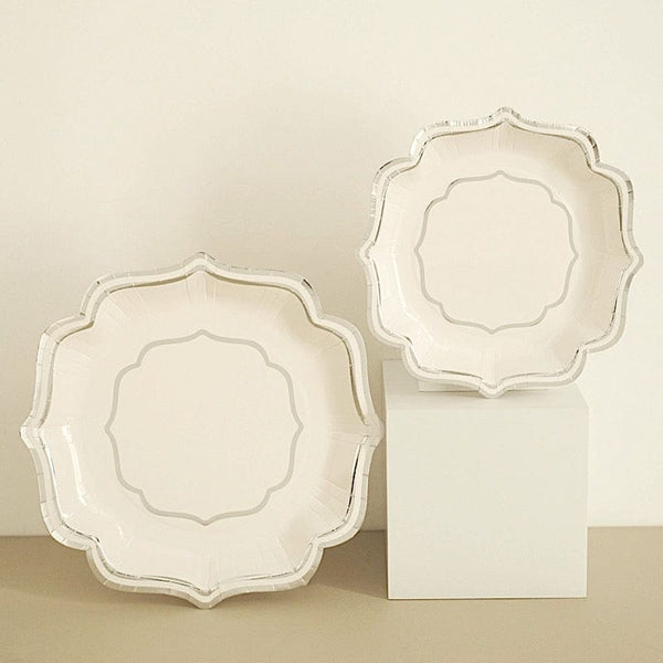 25 White Octagon Disposable Dinner Salad Paper Plates with Bamboo Print Trim