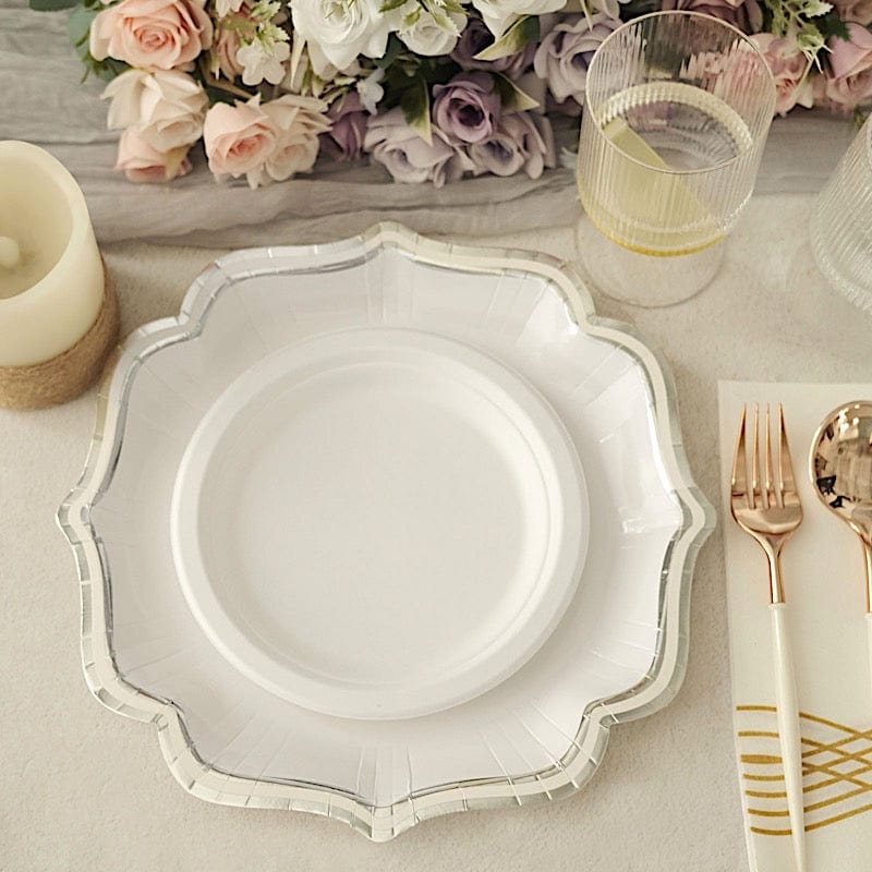 25 Disposable Dinner Salad Paper Plates with Metallic Scalloped Trim