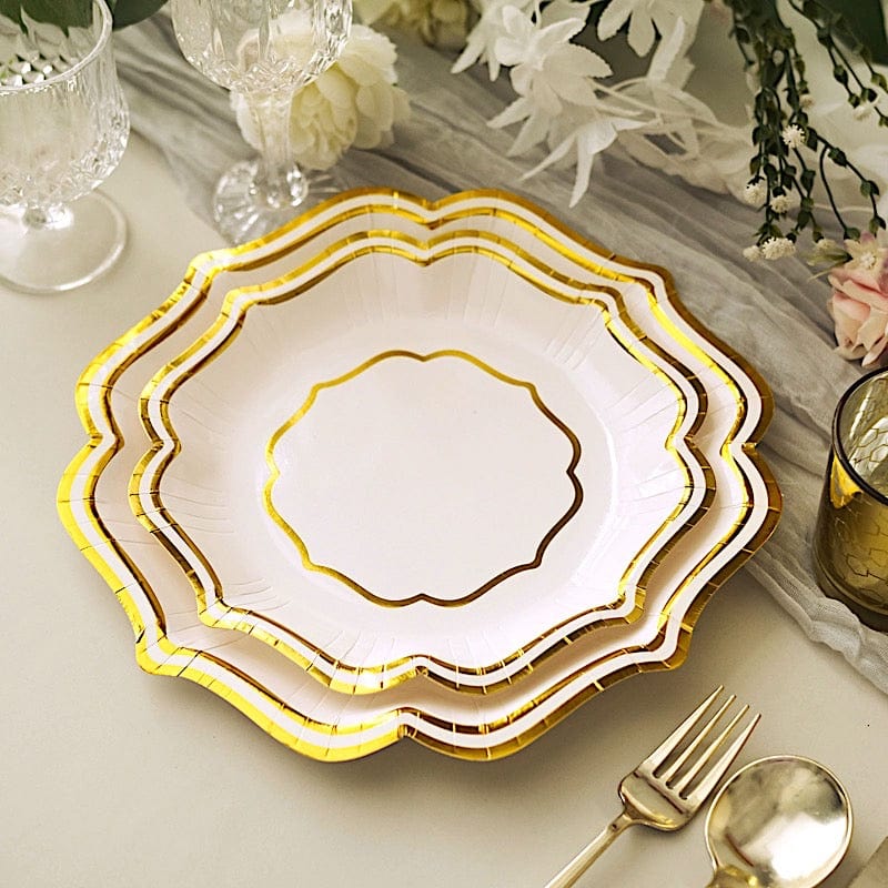 25 Disposable Dinner Salad Paper Plates with Metallic Scalloped Trim