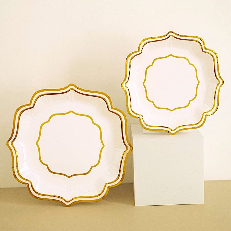 25 Disposable Dinner Salad Paper Plates with Metallic Scalloped Trim