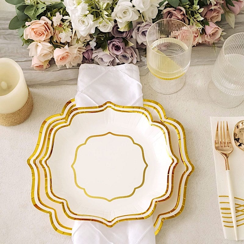 25 Disposable Dinner Salad Paper Plates with Metallic Scalloped Trim