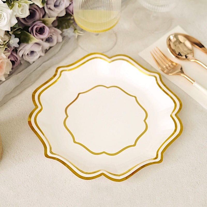 25 Disposable Dinner Salad Paper Plates with Metallic Scalloped Trim