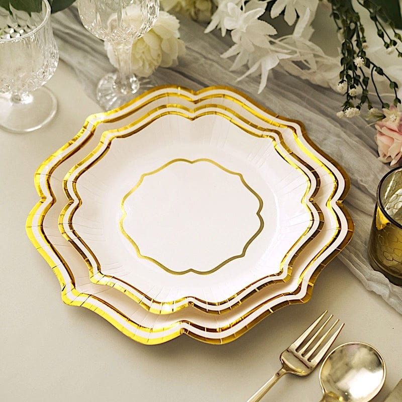 25 Disposable Dinner Salad Paper Plates with Metallic Scalloped Trim