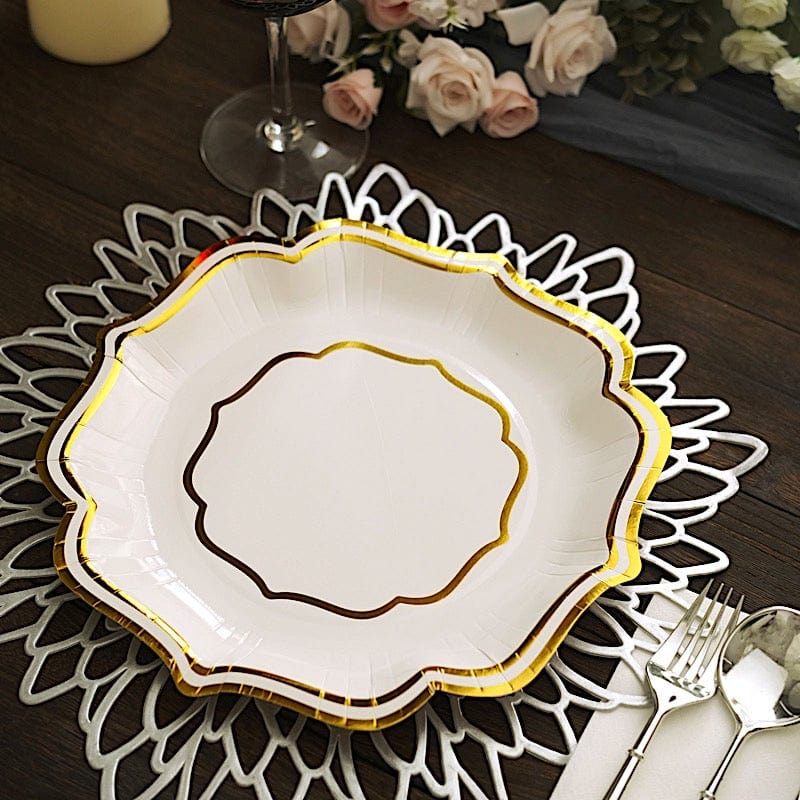 25 Disposable Dinner Salad Paper Plates with Metallic Scalloped Trim