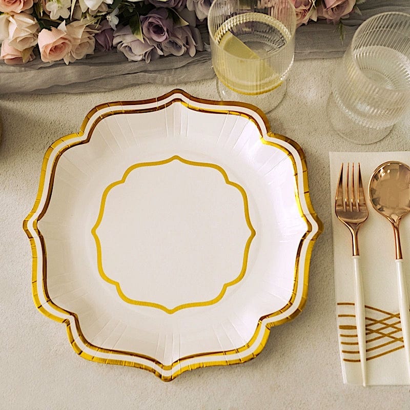 25 Disposable Dinner Salad Paper Plates with Metallic Scalloped Trim