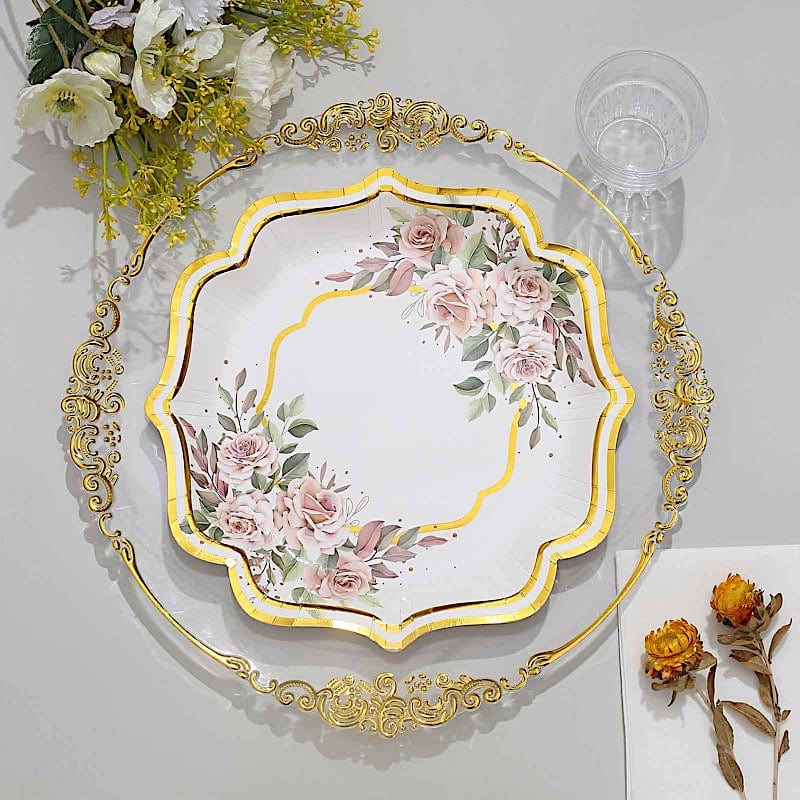 25 Floral Disposable Dinner Salad Paper Plates with Scallop Trim