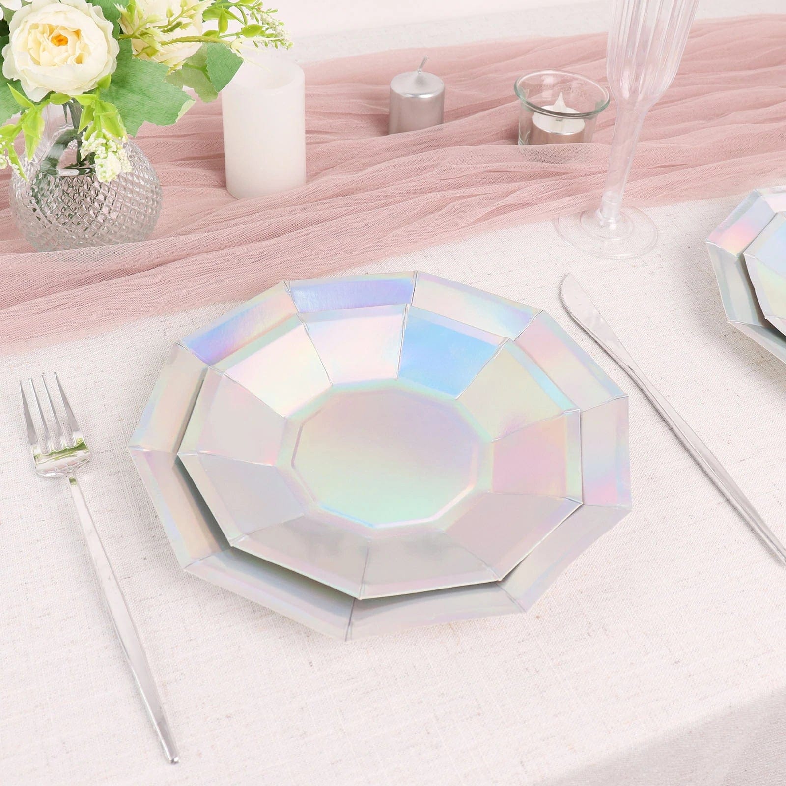 25 Iridescent Decagon Disposable Paper Salad Plates