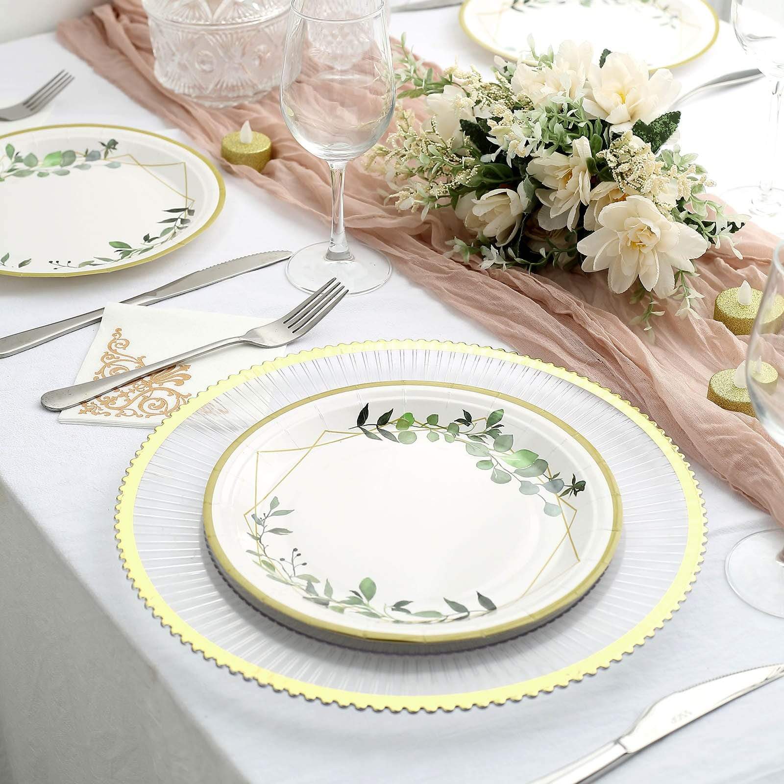 24 White Round Disposable Paper Salad and Dinner Plates with Leaf and Gold Trim