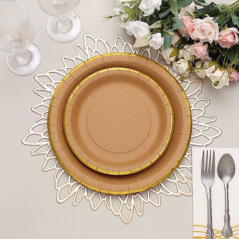 25 Natural Round Disposable Dinner Salad Paper Plates with Gold Lined Trim