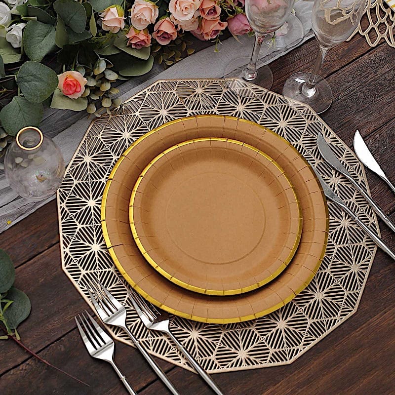 25 Natural Round Disposable Dinner Salad Paper Plates with Gold Lined Trim