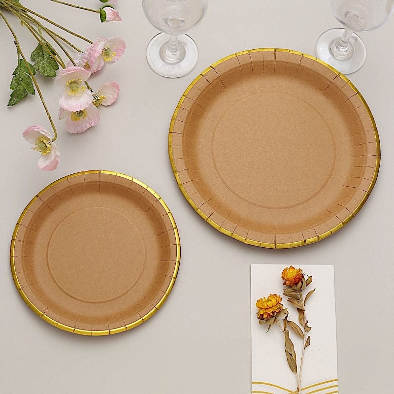 25 Natural Round Disposable Dinner Salad Paper Plates with Gold Lined Trim