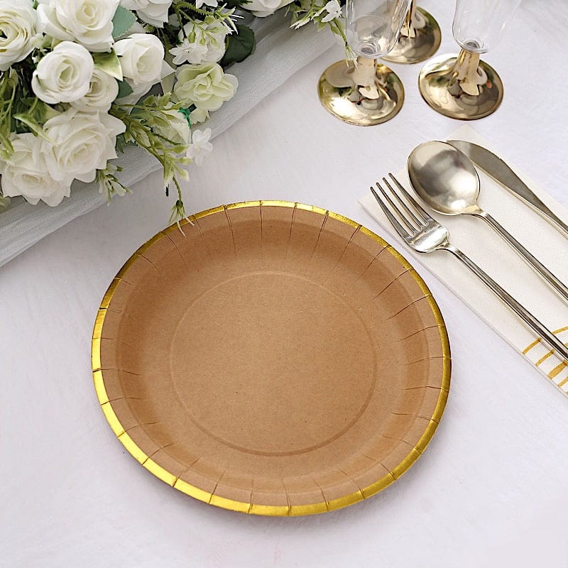 25 Natural Round Disposable Dinner Salad Paper Plates with Gold Lined Trim