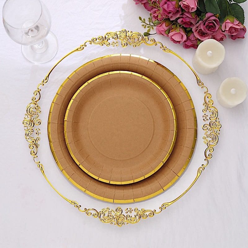 25 Natural Round Disposable Dinner Salad Paper Plates with Gold Lined Trim