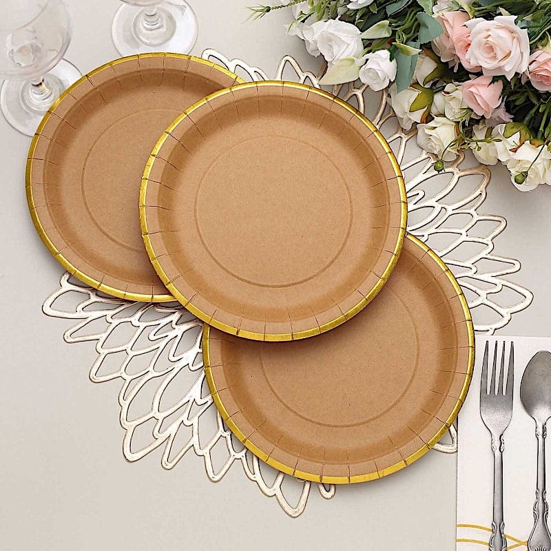 25 Natural Round Disposable Dinner Salad Paper Plates with Gold Lined Trim