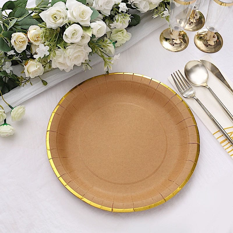 25 Natural Round Disposable Dinner Salad Paper Plates with Gold Lined Trim