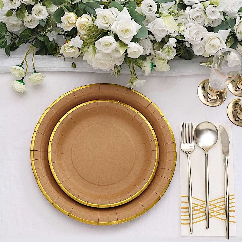 25 Natural Round Disposable Dinner Salad Paper Plates with Gold Lined Trim