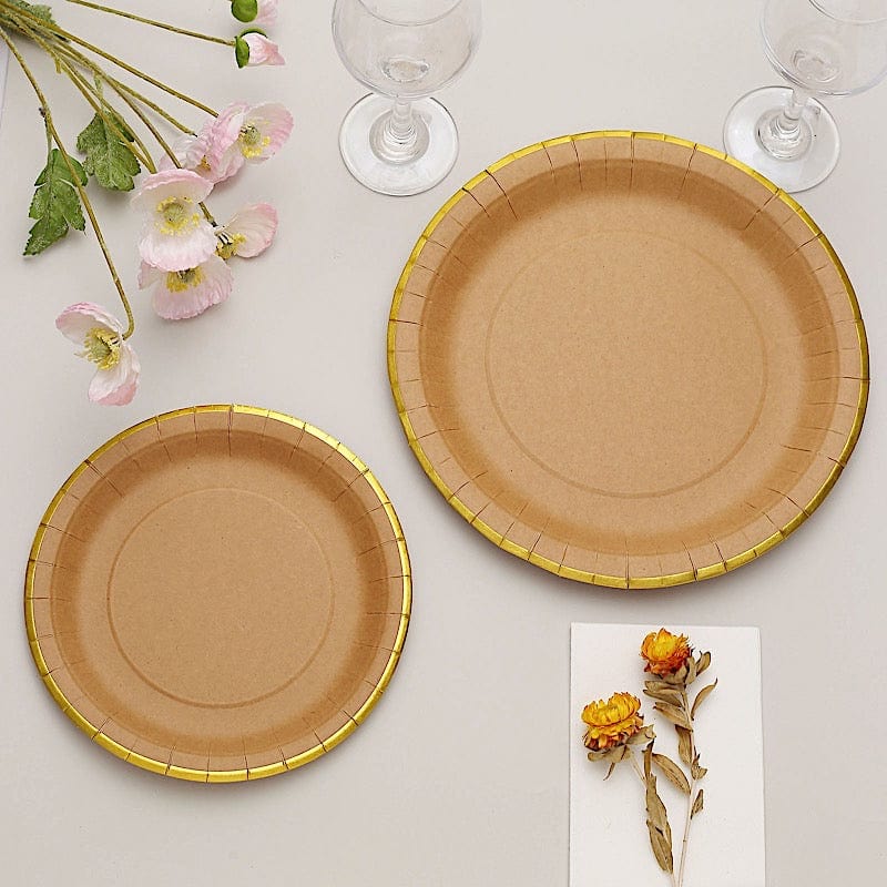 25 Natural Round Disposable Dinner Salad Paper Plates with Gold Lined Trim