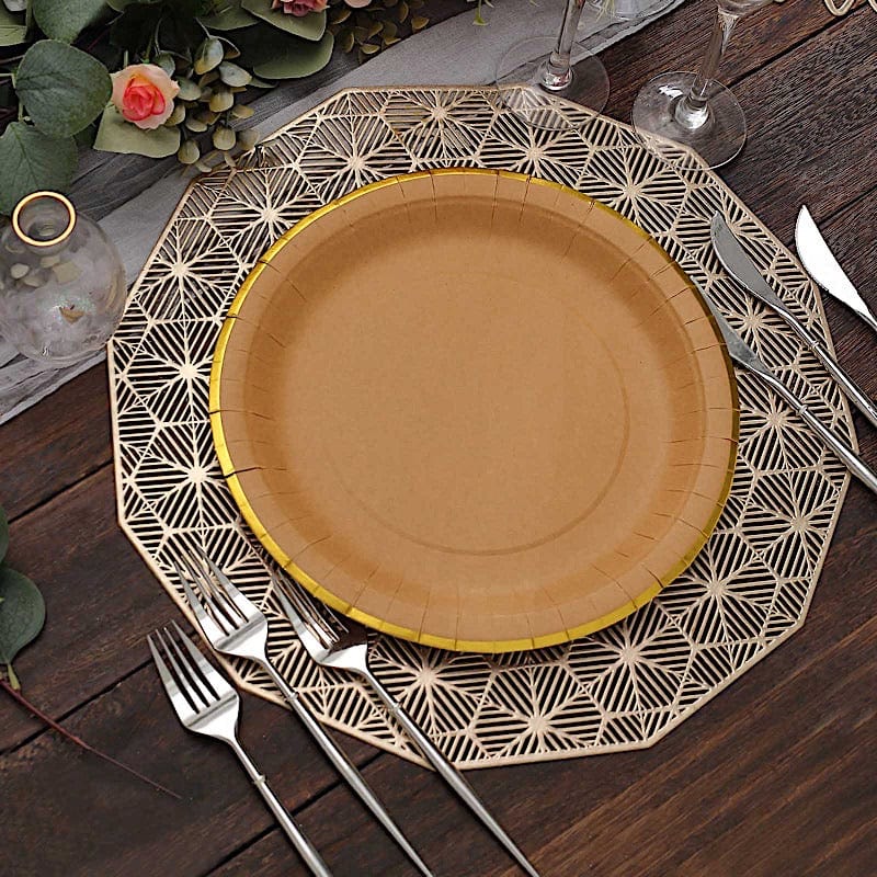 25 Natural Round Disposable Dinner Salad Paper Plates with Gold Lined Trim