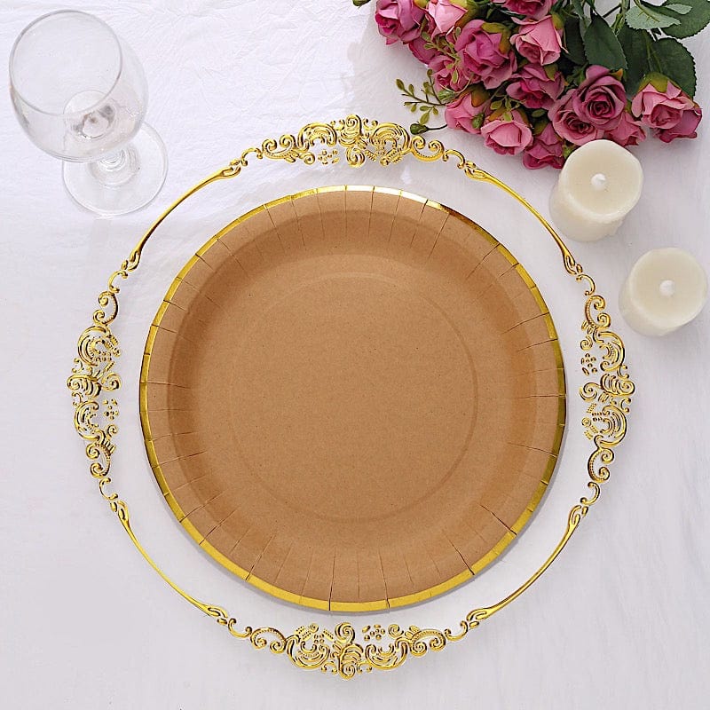 25 Natural Round Disposable Dinner Salad Paper Plates with Gold Lined Trim