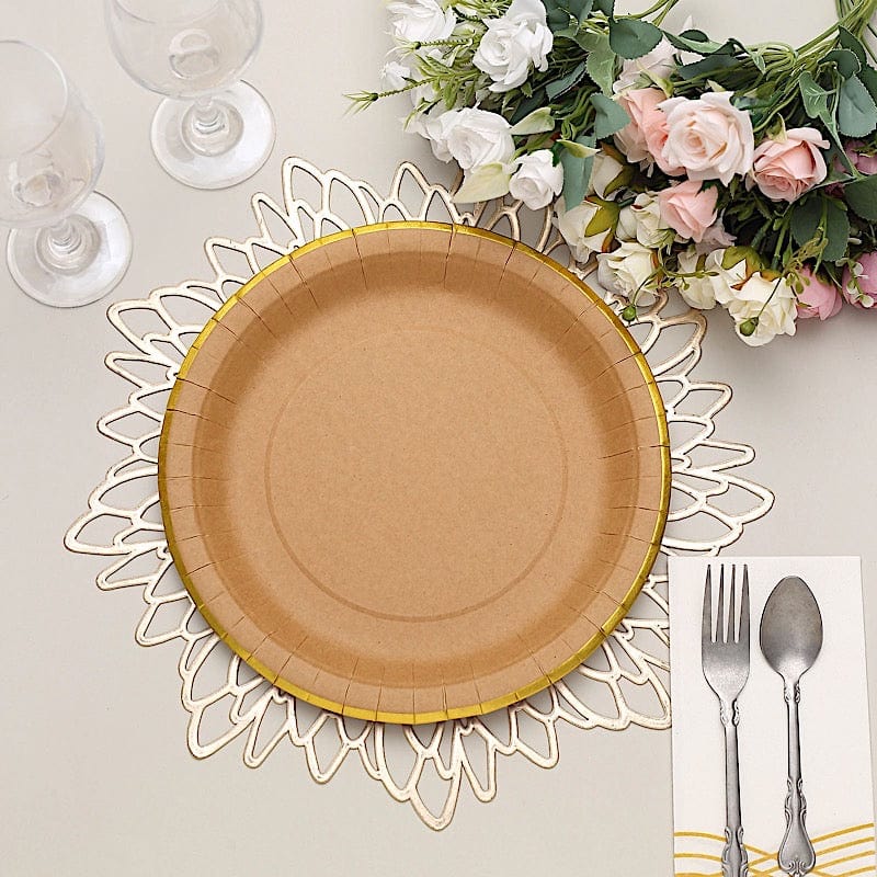 25 Natural Round Disposable Dinner Salad Paper Plates with Gold Lined Trim