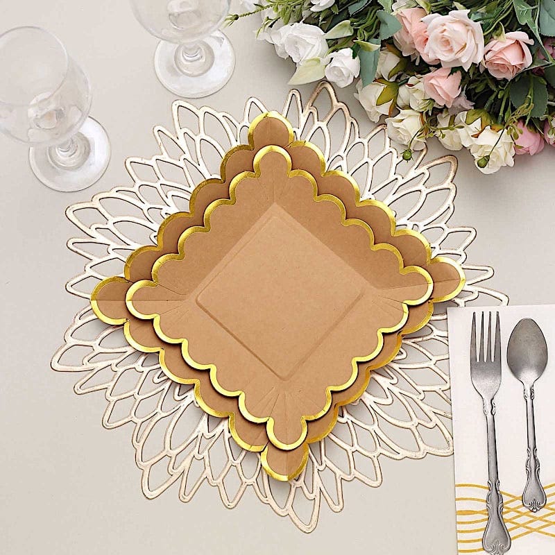 25 Natural Square Disposable Dinner Salad Paper Plates with Gold Scalloped Trim