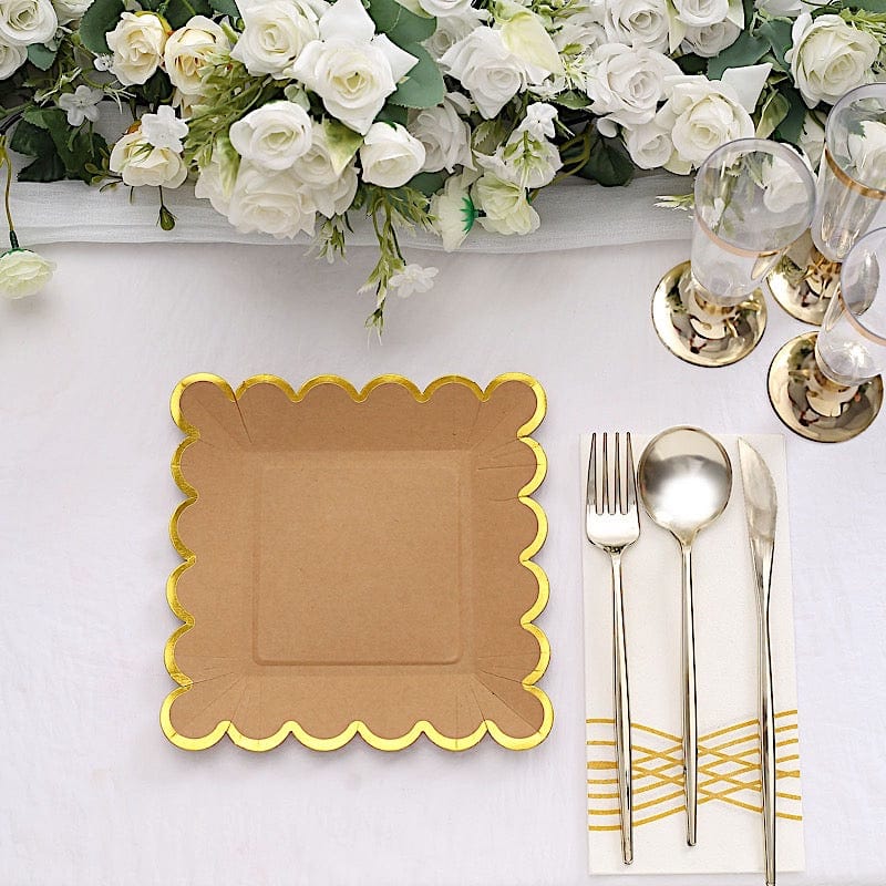 25 Natural Square Disposable Dinner Salad Paper Plates with Gold Scalloped Trim