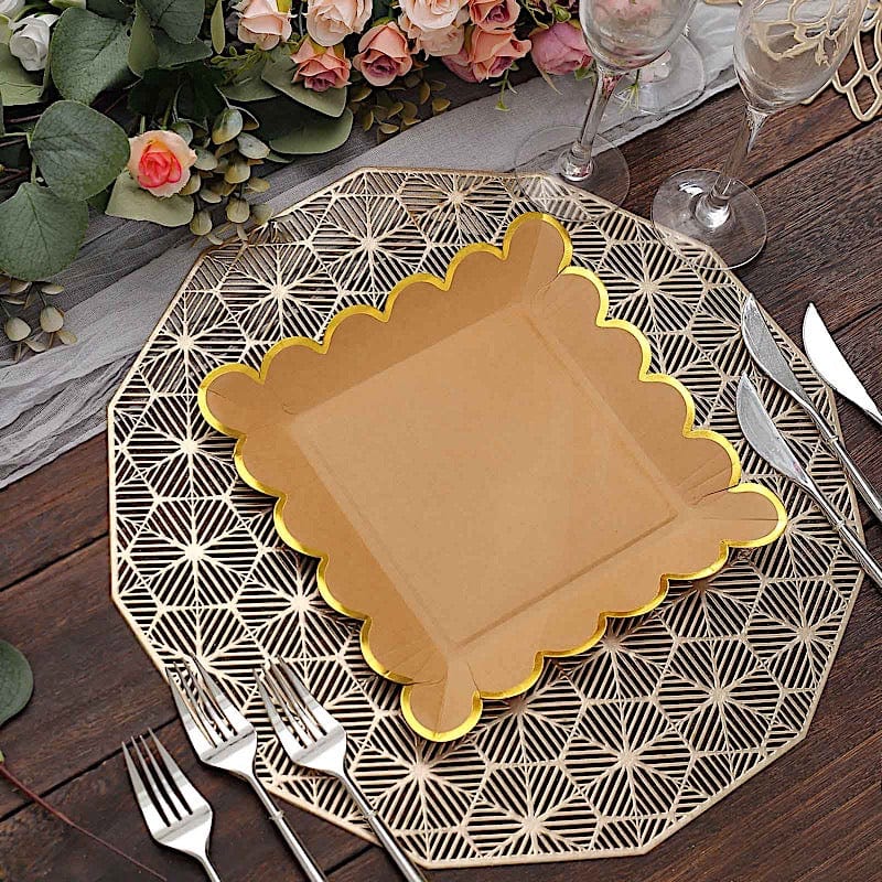 25 Natural Square Disposable Dinner Salad Paper Plates with Gold Scalloped Trim