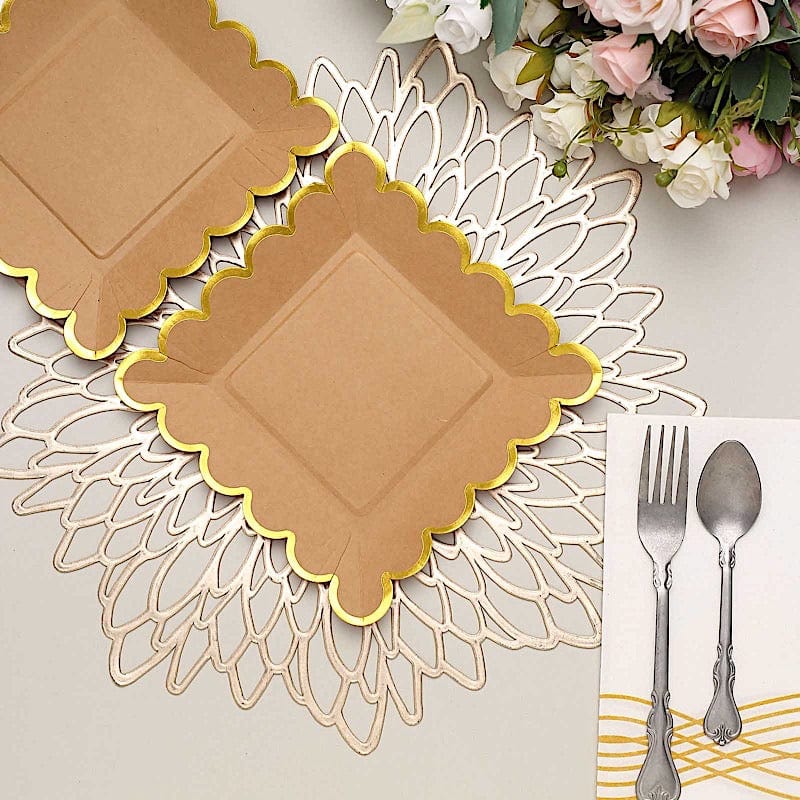 25 Natural Square Disposable Dinner Salad Paper Plates with Gold Scalloped Trim