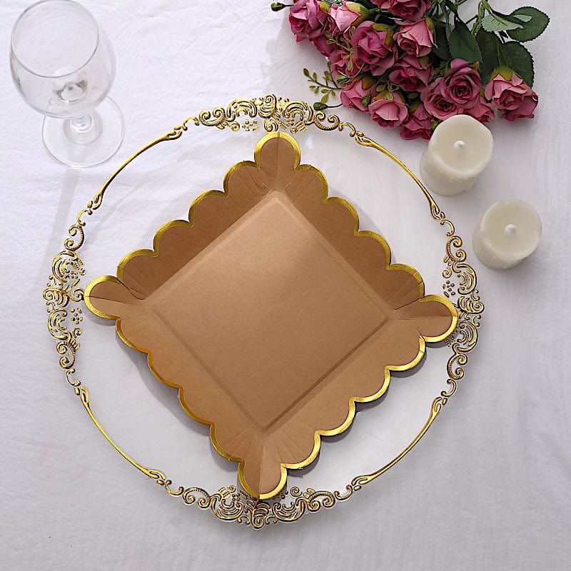 25 Natural Square Disposable Dinner Salad Paper Plates with Gold Scalloped Trim