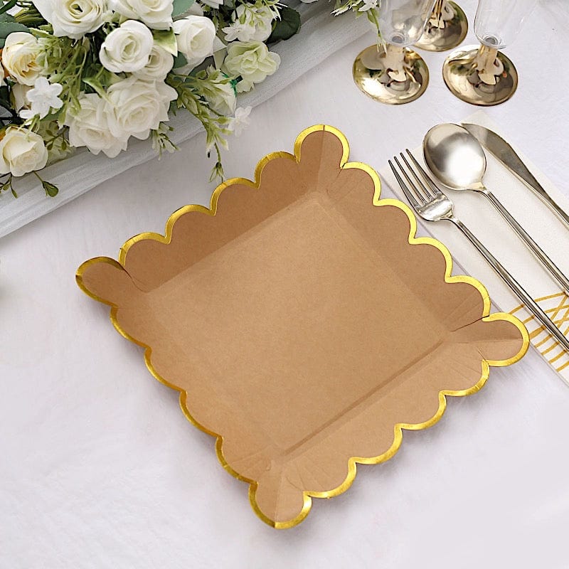 25 Natural Square Disposable Dinner Salad Paper Plates with Gold Scalloped Trim