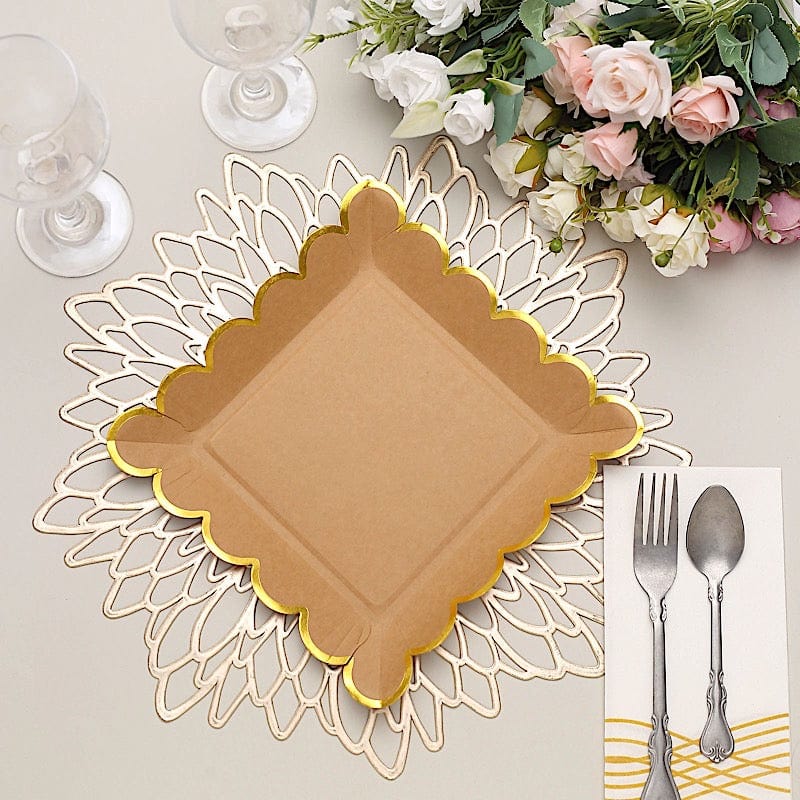 25 Natural Square Disposable Dinner Salad Paper Plates with Gold Scalloped Trim