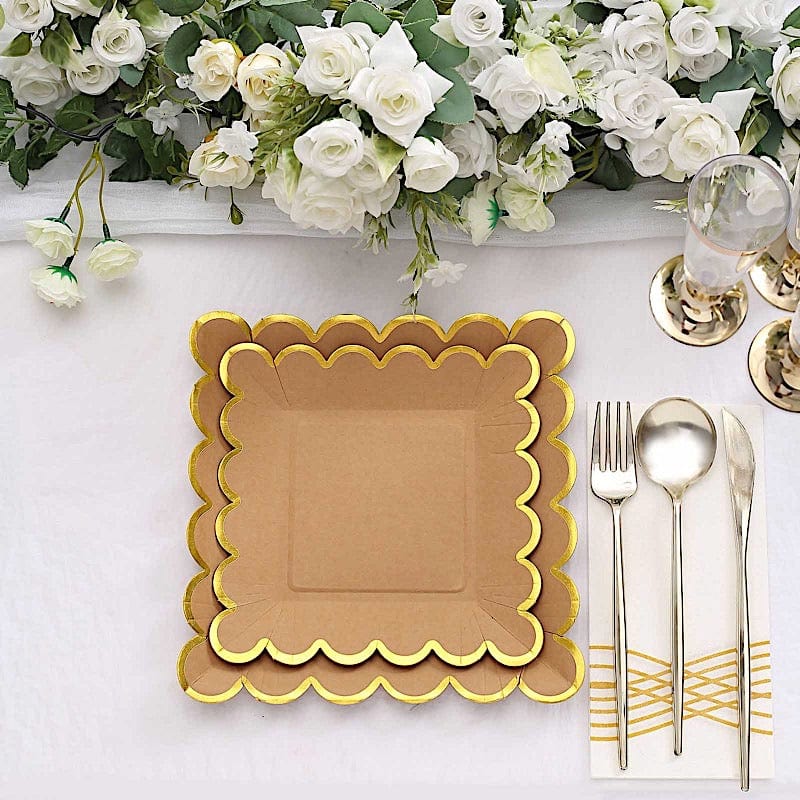 25 Natural Square Disposable Dinner Salad Paper Plates with Gold Scalloped Trim