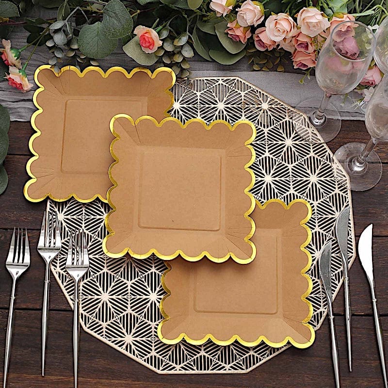 25 Natural Square Disposable Dinner Salad Paper Plates with Gold Scalloped Trim