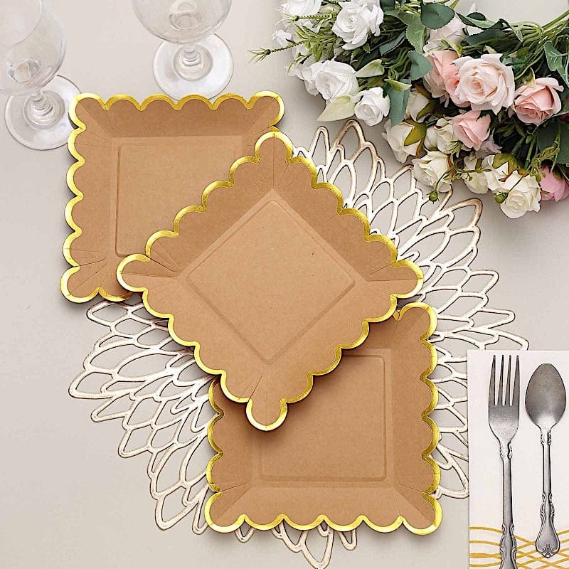 25 Natural Square Disposable Dinner Salad Paper Plates with Gold Scalloped Trim