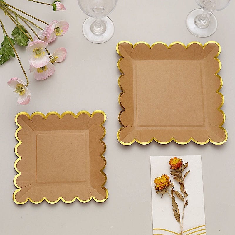25 Natural Square Disposable Dinner Salad Paper Plates with Gold Scalloped Trim