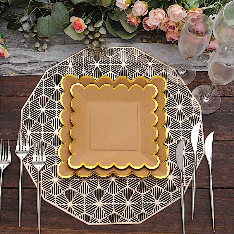 25 Natural Square Disposable Dinner Salad Paper Plates with Gold Scalloped Trim