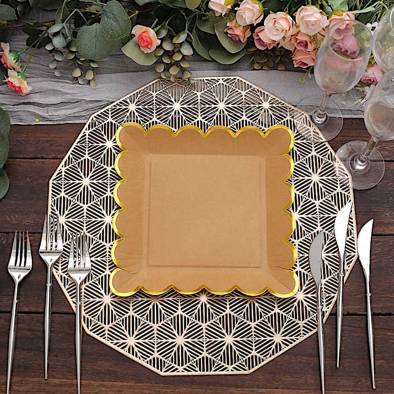 25 Natural Square Disposable Dinner Salad Paper Plates with Gold Scalloped Trim