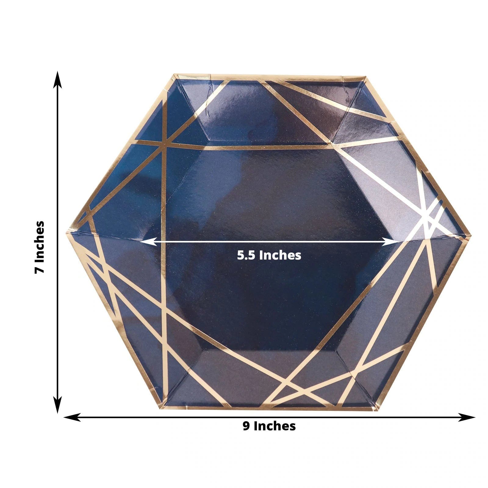 25 Navy Blue Hexagon Disposable Salad Paper Plates with Gold Trim