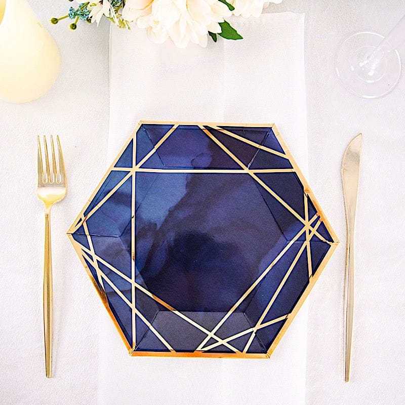 25 Navy Blue Hexagon Disposable Salad Paper Plates with Gold Trim
