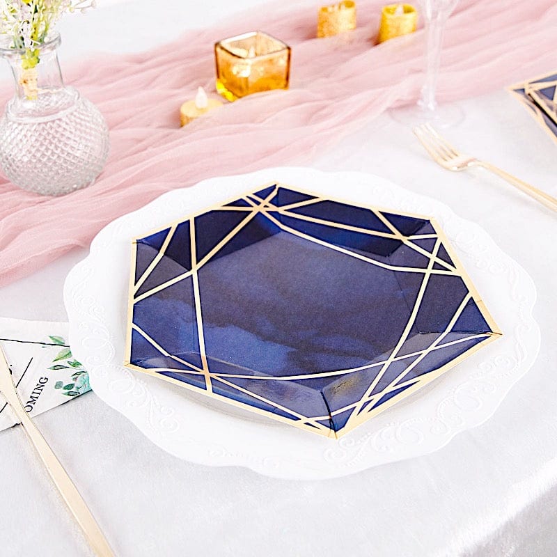 25 Navy Blue Hexagon Disposable Salad Paper Plates with Gold Trim