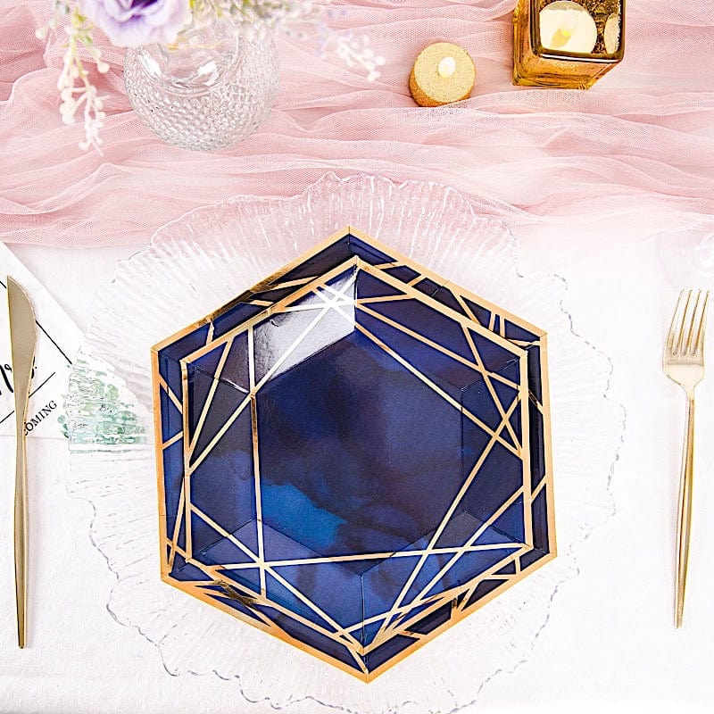 25 Navy Blue Hexagon Disposable Salad Paper Plates with Gold Trim