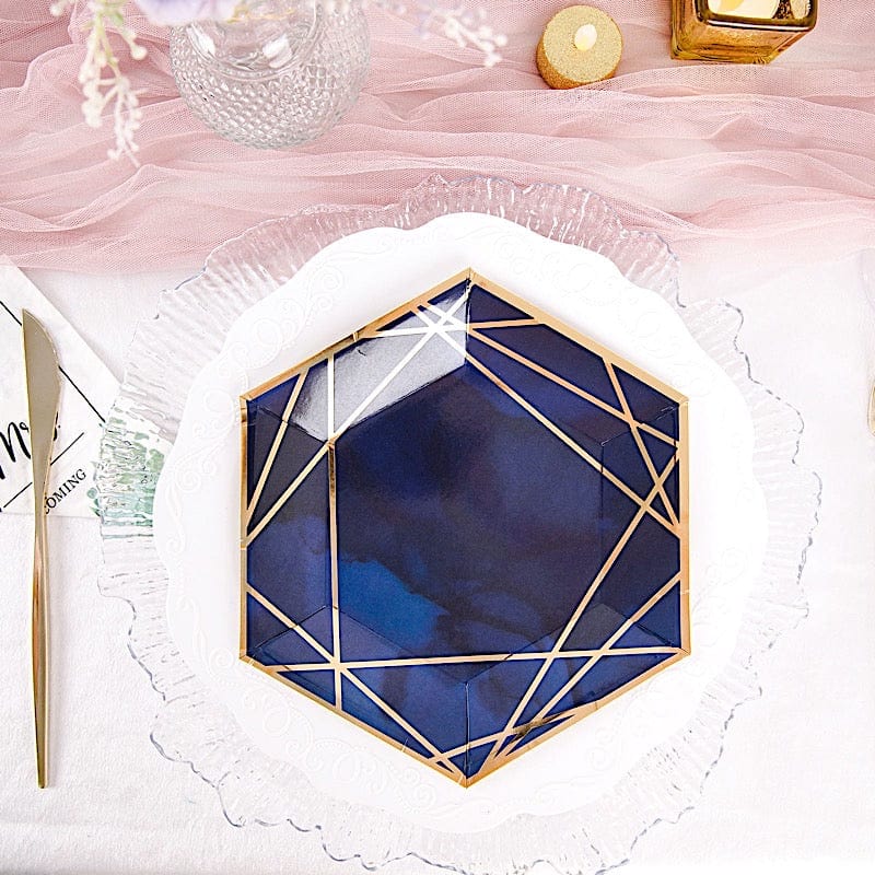 25 Navy Blue Hexagon Disposable Salad Paper Plates with Gold Trim
