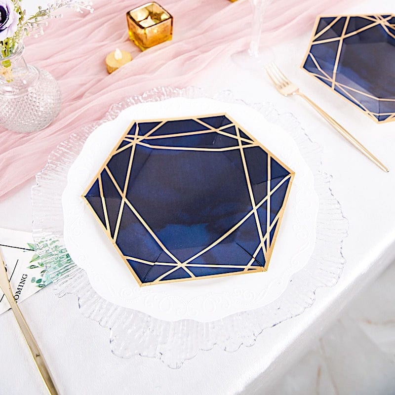 25 Navy Blue Hexagon Disposable Salad Paper Plates with Gold Trim