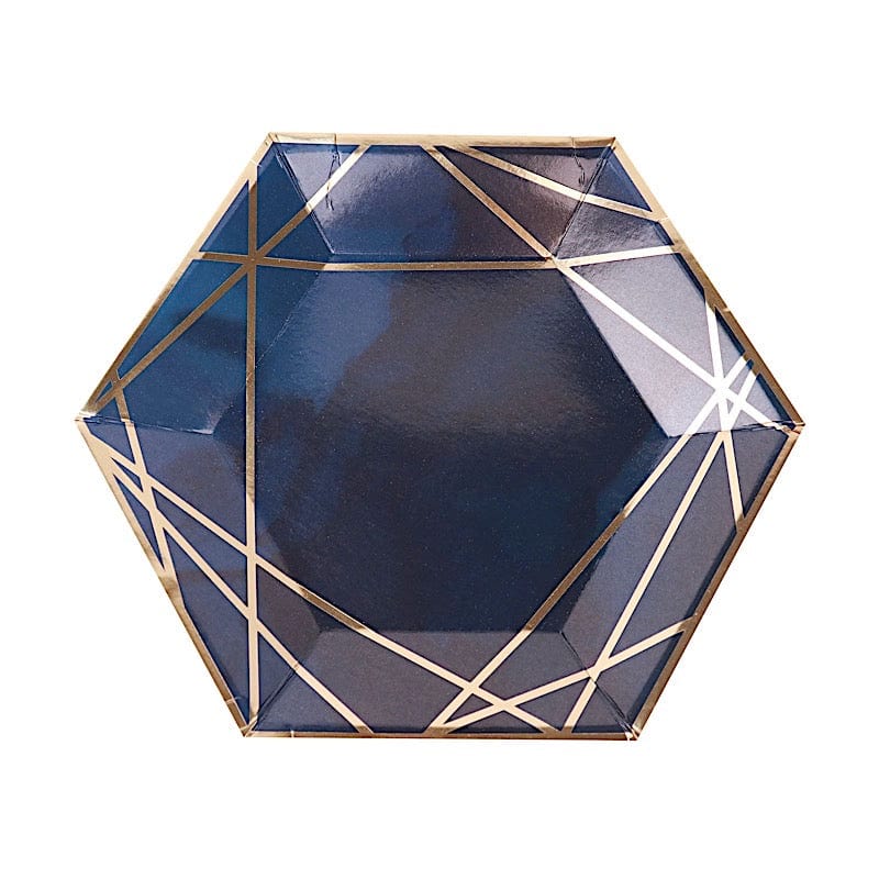 25 Navy Blue Hexagon Disposable Salad Paper Plates with Gold Trim