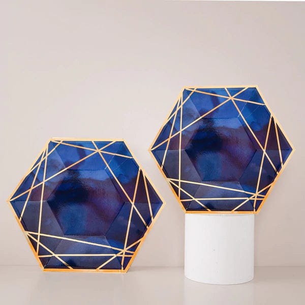 25 Navy Blue Hexagon Disposable Salad Paper Plates with Gold Trim