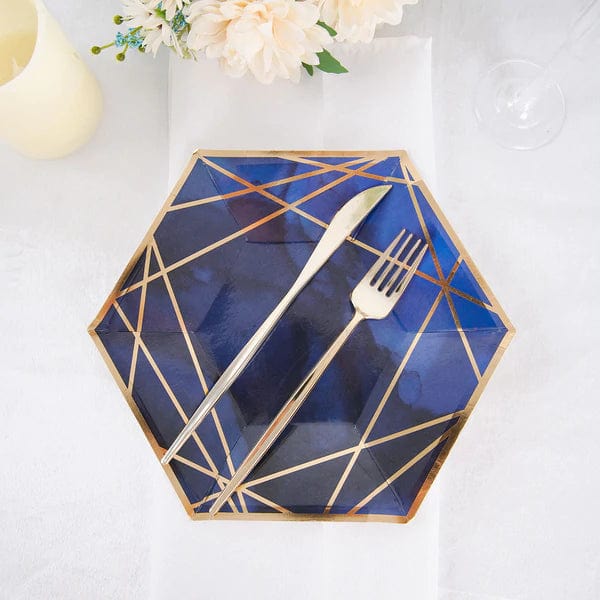 25 Navy Blue Hexagon Disposable Salad Paper Plates with Gold Trim