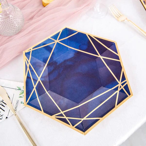 25 Navy Blue Hexagon Disposable Salad Paper Plates with Gold Trim