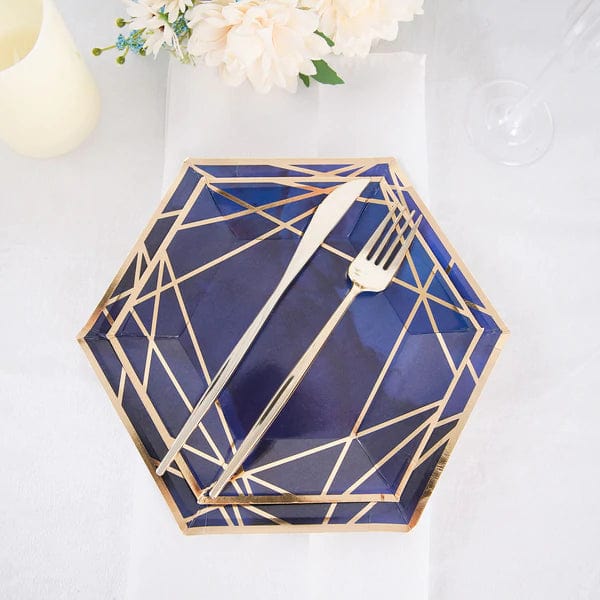 25 Navy Blue Hexagon Disposable Salad Paper Plates with Gold Trim